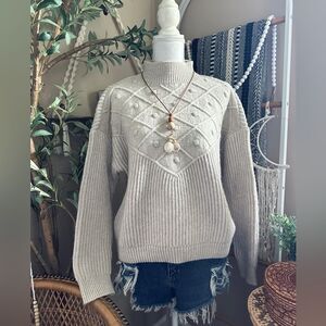 Calvin Klein Neutral Beige Chunky Knit Mockneck Popcorn Sweater
